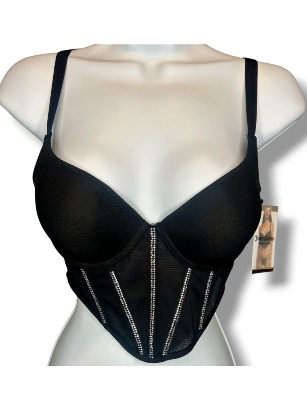 Juicy Couture Black Rhinestone Embellished Corset Bra Top 34D 36C baddie
